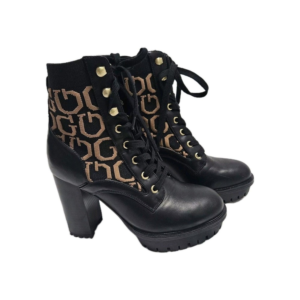 Guess Boots Women 6 Black Monogram Logo Platform Block Heel Combat Lace Up Lug
